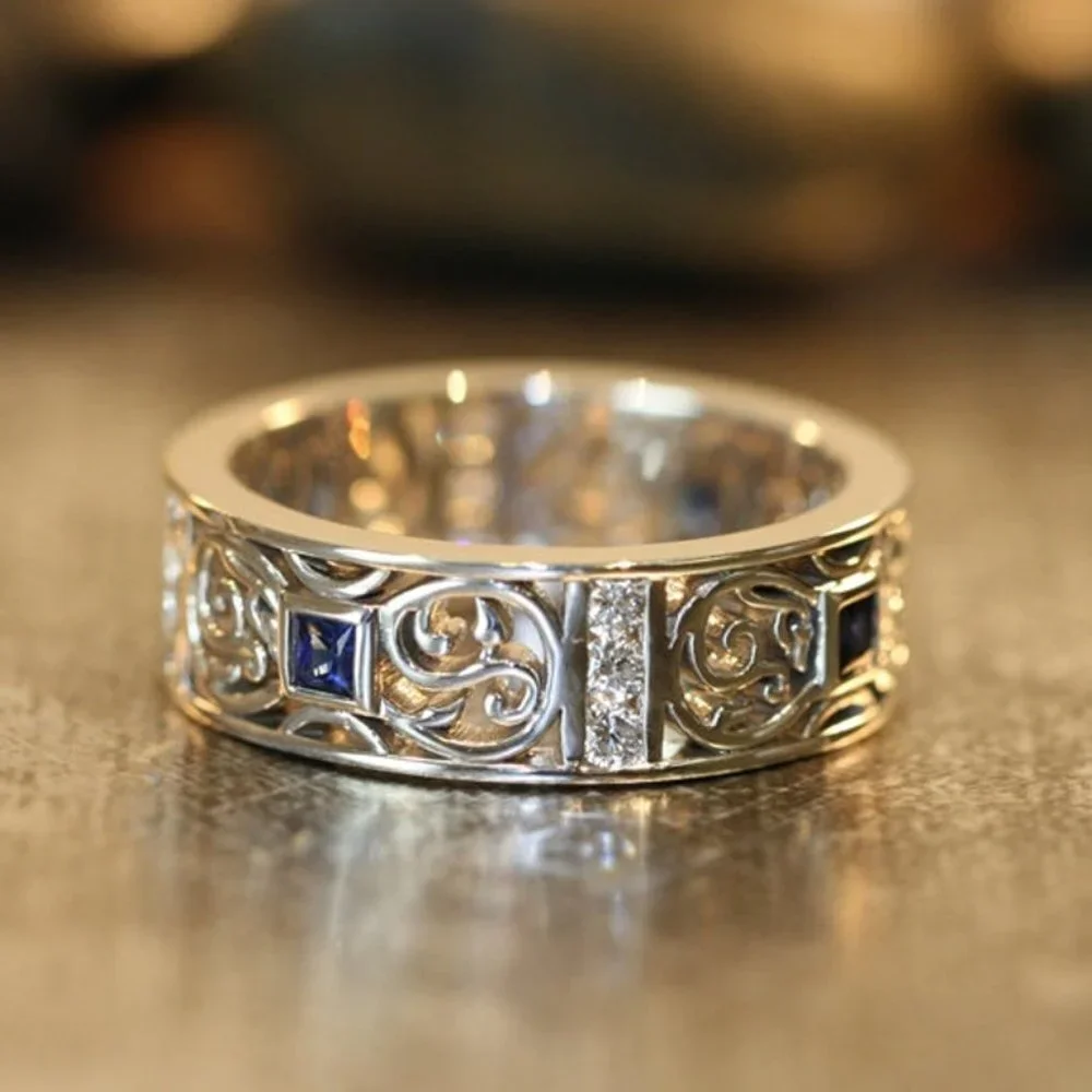 ▶ NEW 925 STERLING SILVER RETRO PATTERN CARVED DAINTY VINTAGE DIAMOND RING, L235